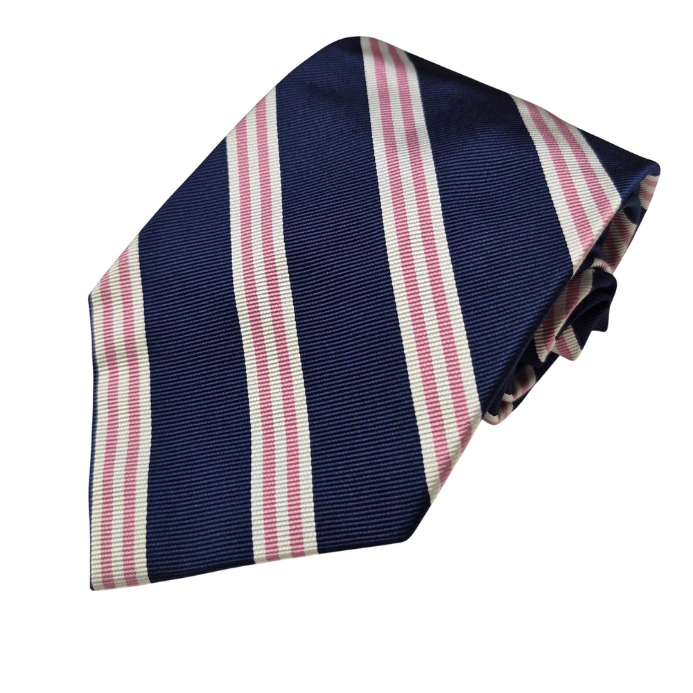 Rooster Tie Mens Navy Blue Pink White Repp Stripe Silk Necktie Classic Business